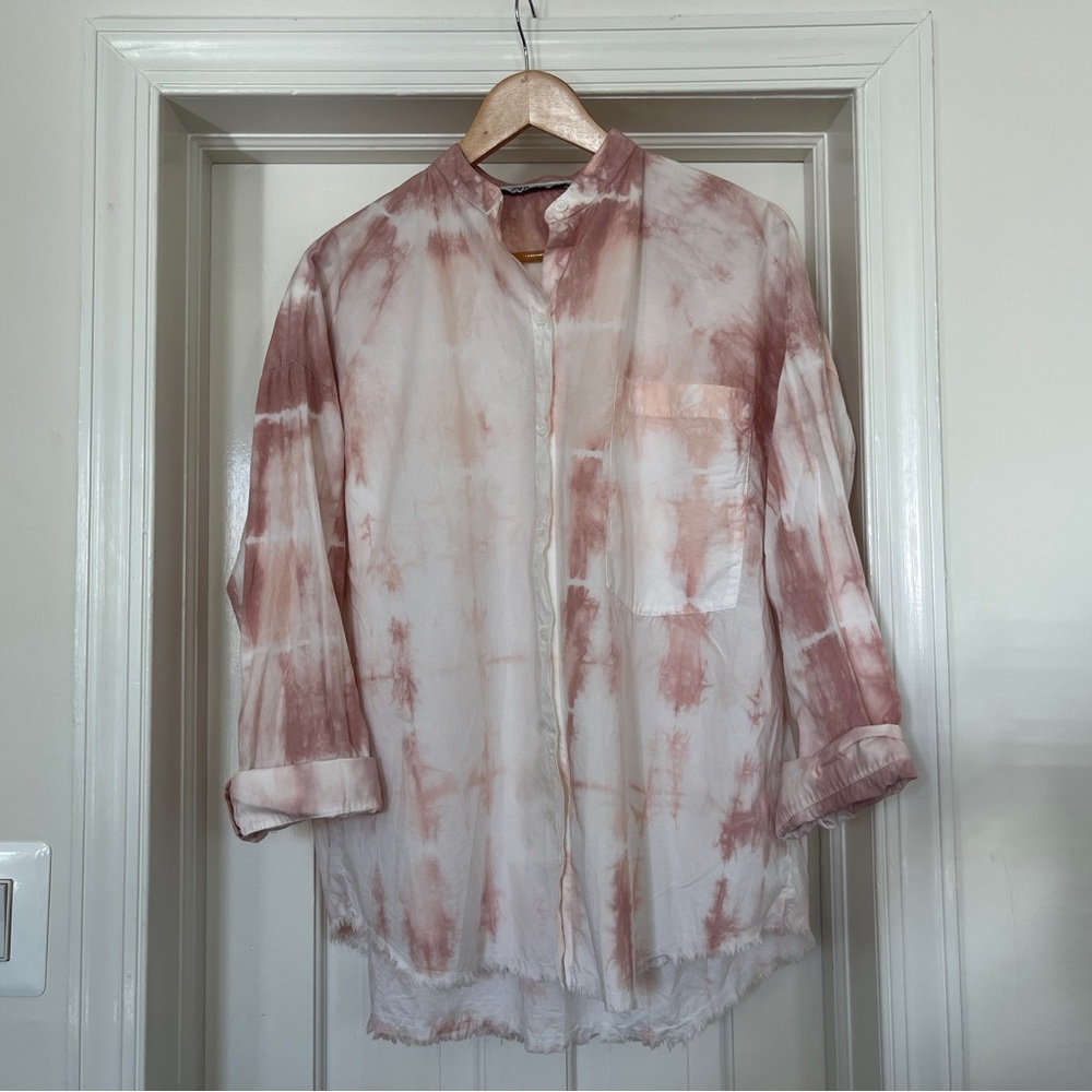 Zara Tie Dye Stand Collar Raw Hem Oversized Button Down Shirt